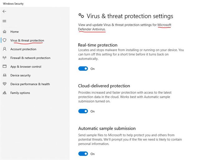 Microsoft Defender Antivirus settings in Windows Security