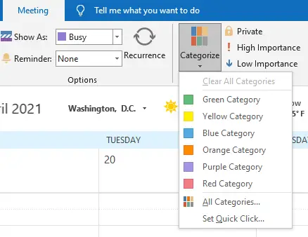 Choosing a Category for the meeting from the Meeting Ribbon