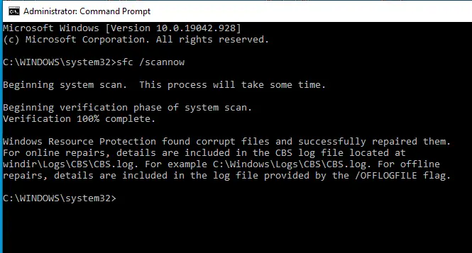 command prompt sfc scannow results