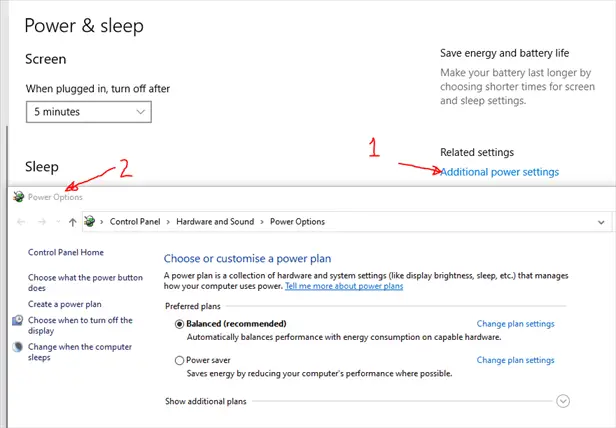 Additional Power Settings - Power and Sleep settings