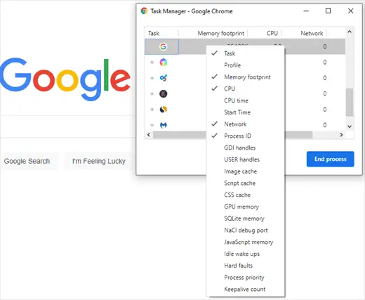 Configure Google Chrome Task Manager