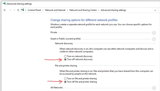 Select to turn on or off File and printer sharing or Network discovery