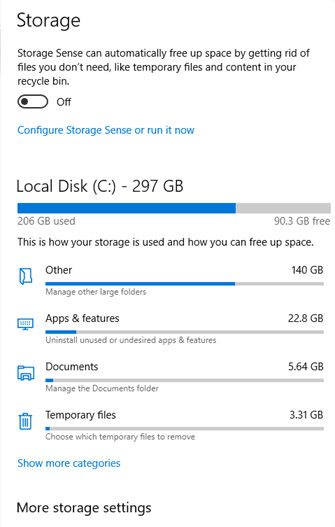 storage settings Categories