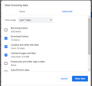 Google Chrome Clear browsing data