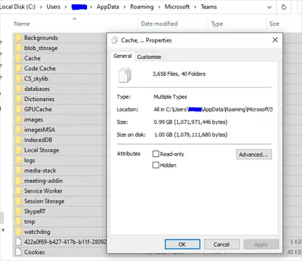 Microsoft Teams AppData Cache folder and files