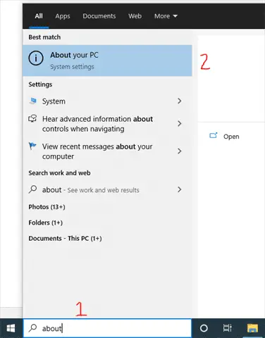 search for and open About your PC