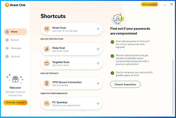 Avast One Essential - Shortcuts Dashboard