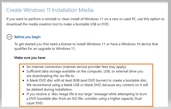 Create Windows 11 installation media requirements