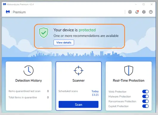 Malwarebytes Premium Dashboard