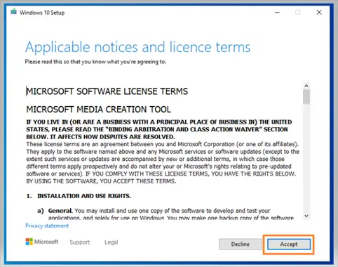 Microsoft media creation tool license terms - accept