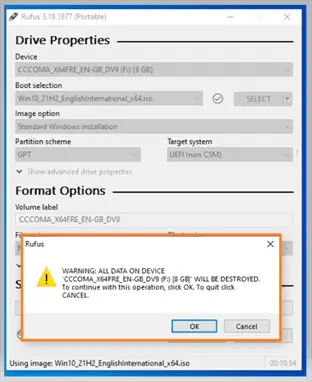 Rufus - Data will be Erased warning before USB writing starts