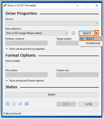 Rufus - Select SELECT to select ISO