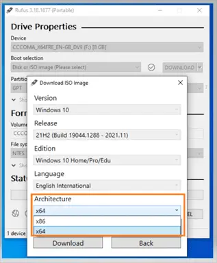 Rufus - Select Windows 10 ISO image architecture