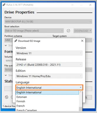 Rufus - Select Windows 11 ISO Language