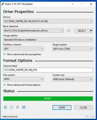 Rufus - Windows 10 Bootable USB creation complete