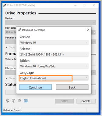 Rufus - Windows 10 ISO image language