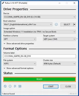 Rufus - Windows 11 Bootable USB creation complete
