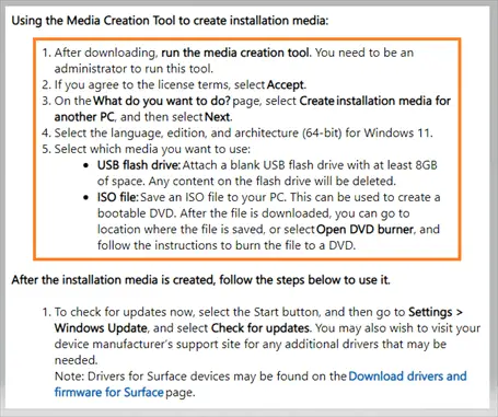 Using the Media Creation Tool to create Windows 11 installation media