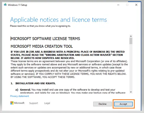 Windows 11 Media creation tool License terms - accept