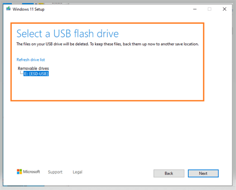 Windows 11 setup - Select the USB Flash Drive to use