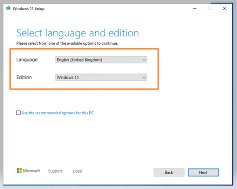 Windows 11 setup - select language and edition of Windows