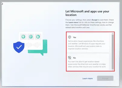 Installing Windows 11 - Let Microsoft and Apps use your Location