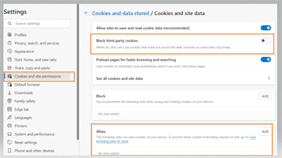 Edge - Cookies and site permissions - Block third-party cookies is turned OFF