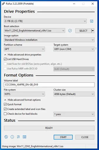 Rufus 3.22p after selecting Windows 11 ISO image - details autofill