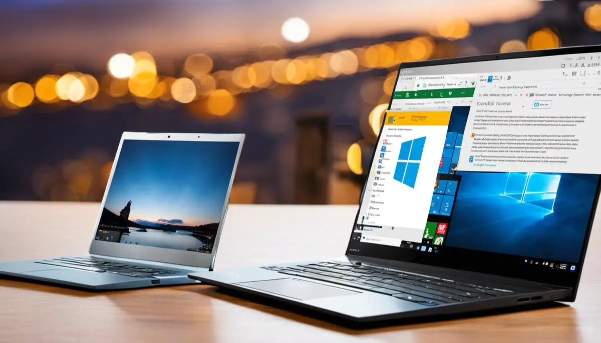 An image showing a laptop screen displaying both a Microsoft logo and a Local logo side by side, representing the comparison between Microsoft and Local accounts in Windows 10.