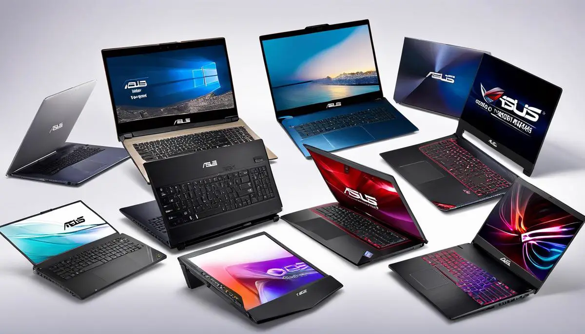 Image of ASUS laptop product range, showing a variety of laptops catered for different needs.