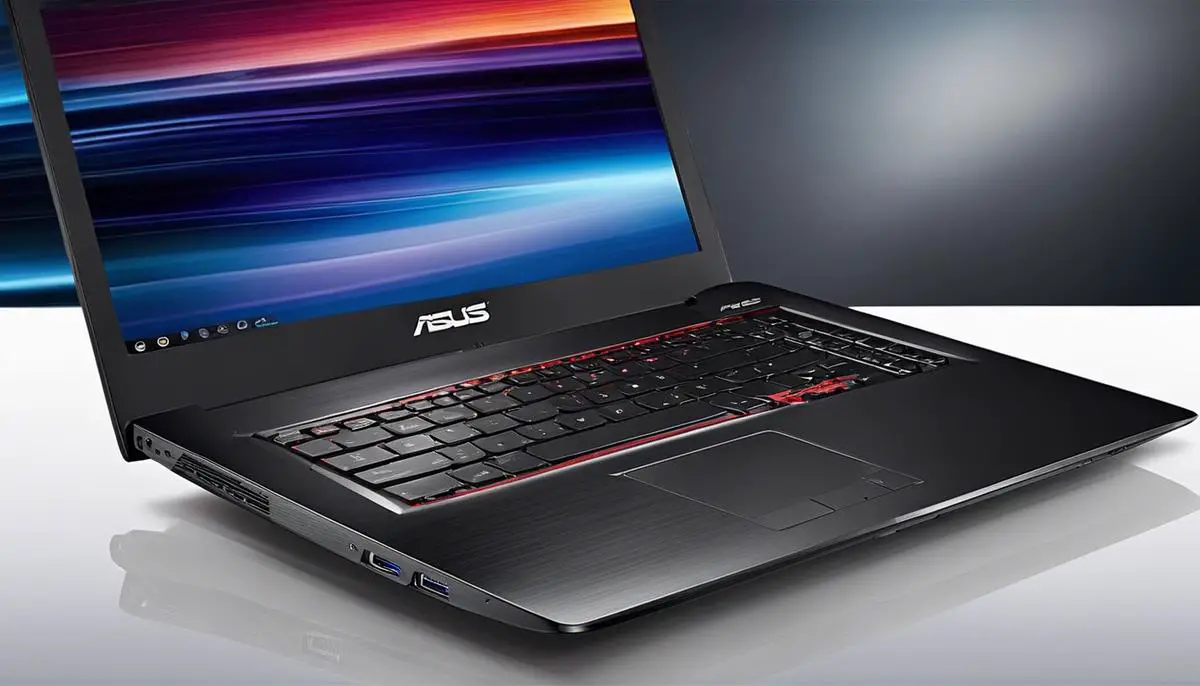 A close-up image of an ASUS laptop showing its sleek design and premium build quality