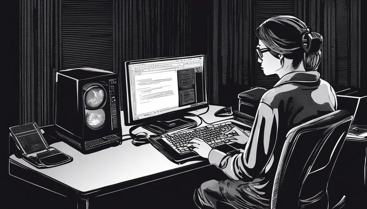 Illustration of a person working on a computer with command prompt interface