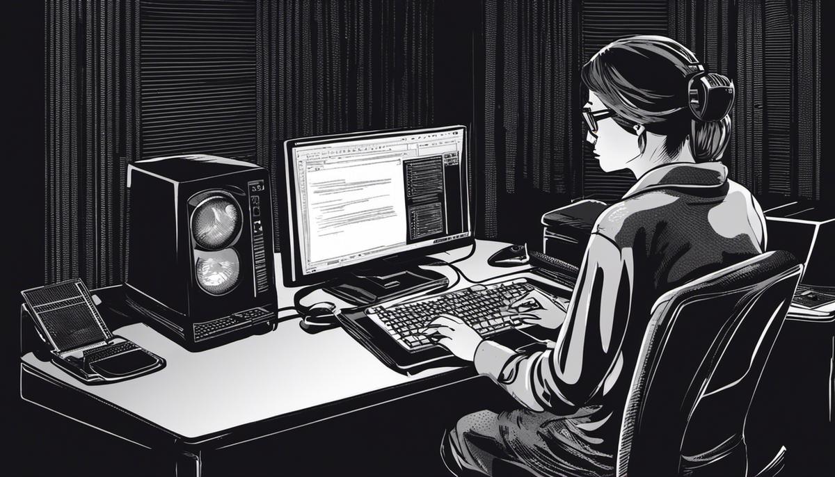 Illustration of a person working on a computer with command prompt interface
