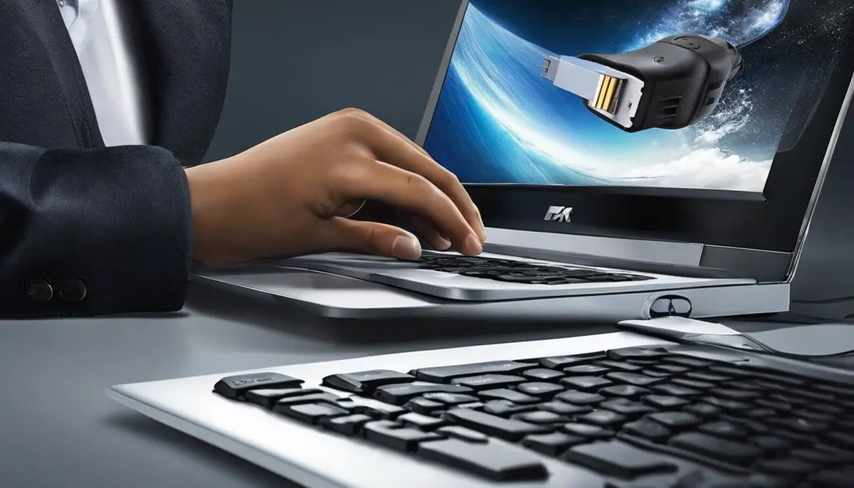 Illustration of a person inserting a USB drive into a computer.