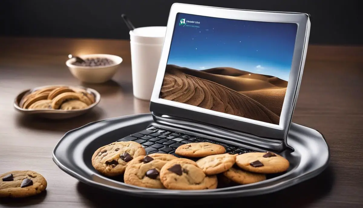 A computer screen with a recycle bin icon and cookies in a plate to represent clearing cache and cookies