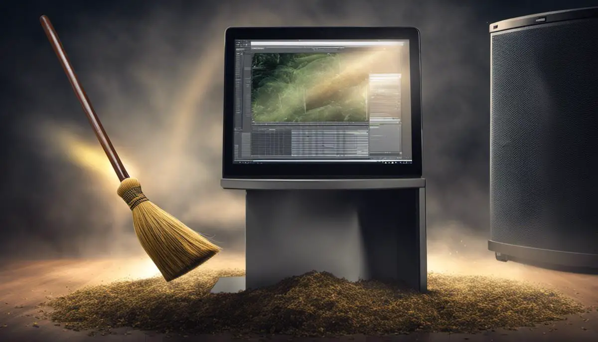 Image describing the concept of cache clearing, showing a computer screen with cache files and a broom sweeping them away