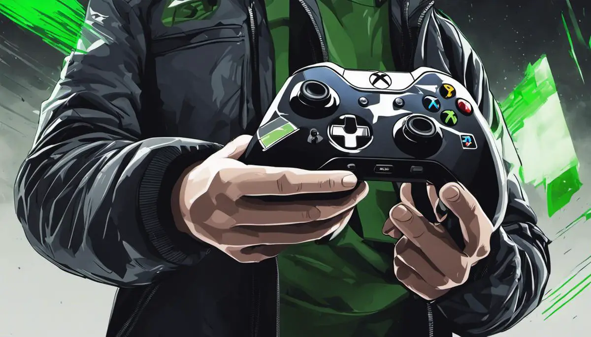 Illustration of a person holding a game controller and an Xbox One console with a cache symbol in the background
