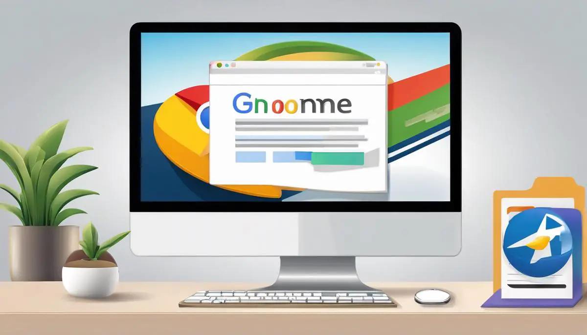 Illustration of the Chrome browser with a cache-clearing icon on a computer screen.