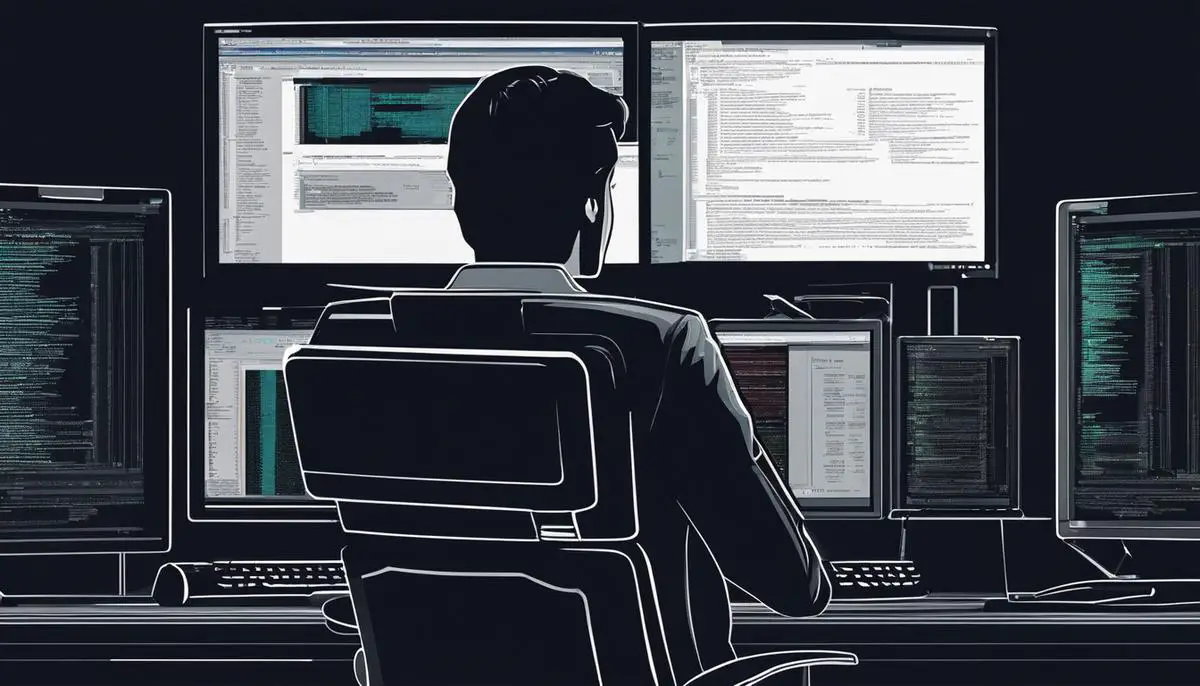 Illustration of a person looking at a Cisco command-line interface on a computer screen
