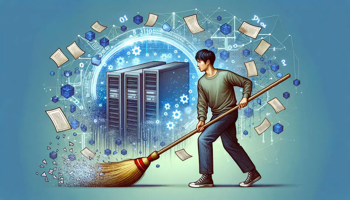 illustration of a person cleaning a computer cache to represent clearing out unnecessary data from the system
