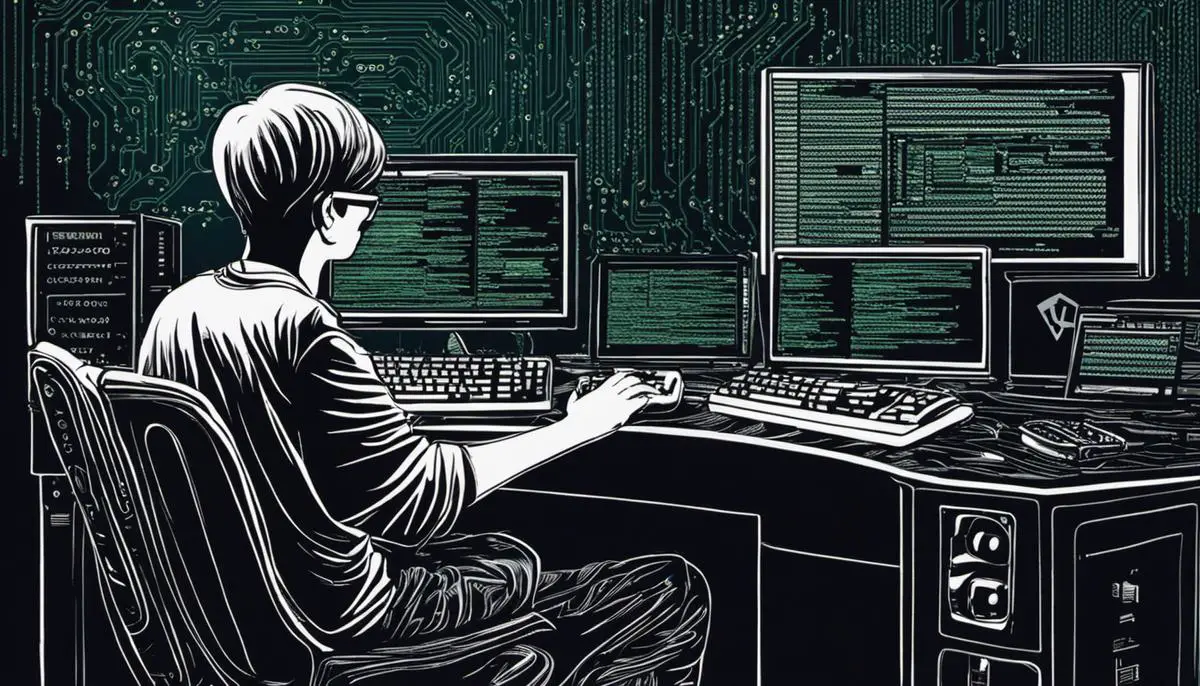 Illustration showing a person typing on a Command Prompt window with computer code in the foreground and a computer motherboard in the background.
