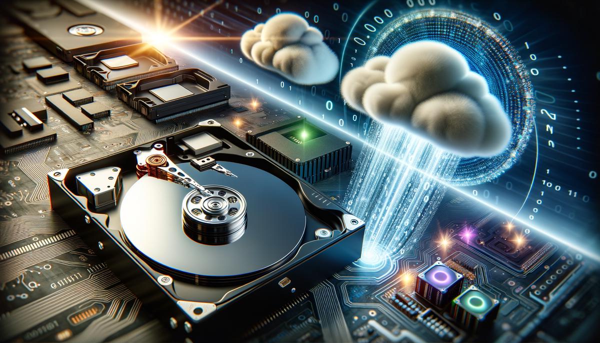 An image depicting different forms of data storage such as hard disk drives, solid-state drives, and cloud storage