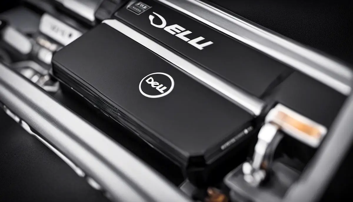 A close-up image of a Dell laptop battery, displaying the Dell logo and the battery type.