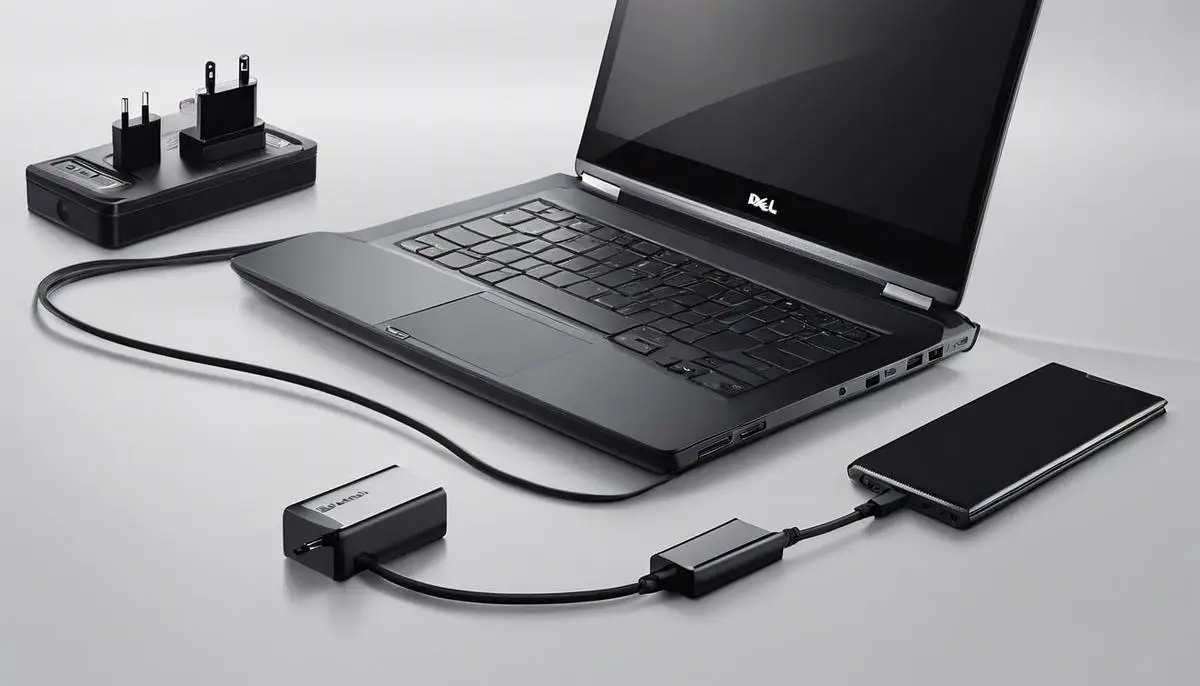Illustration of a Dell laptop charger connected to a laptop