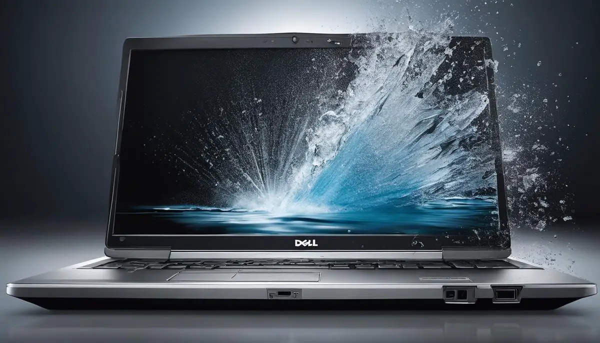 An image depicting a Dell laptop crashing, with the screen frozen and error messages displayed on it