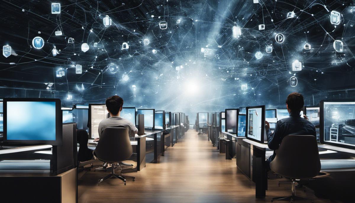 An image portraying a person using various digital devices to emphasize the importance of staying connected in the digital era