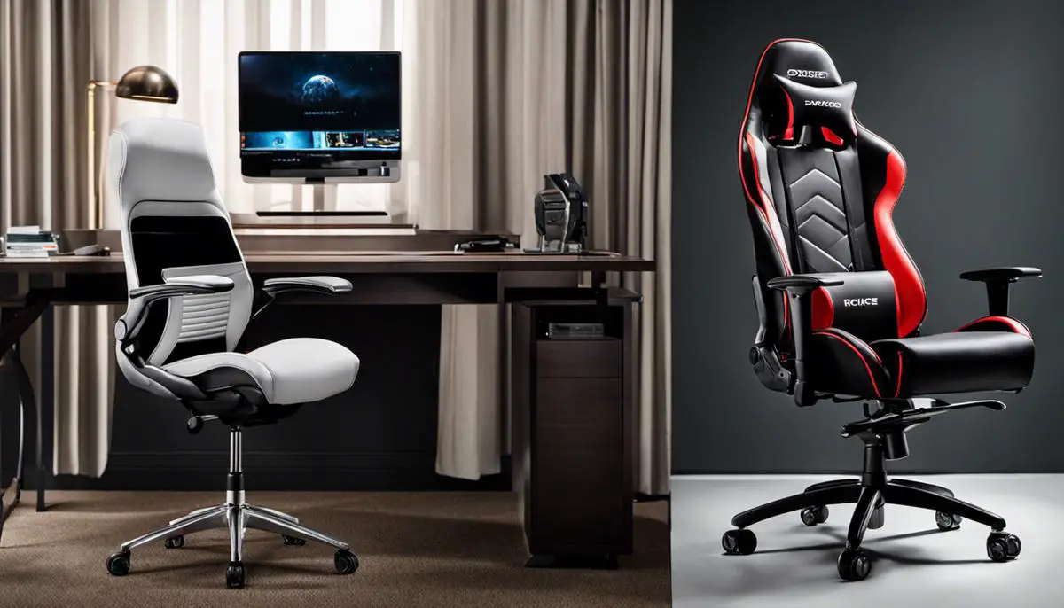 A side-by-side image of a gaming chair and an office chair, illustrating the comparison between the two types of chairs.