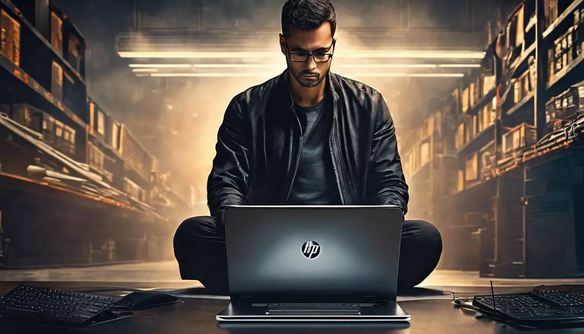 An image depicting a person troubleshooting a locked keyboard on an HP laptop