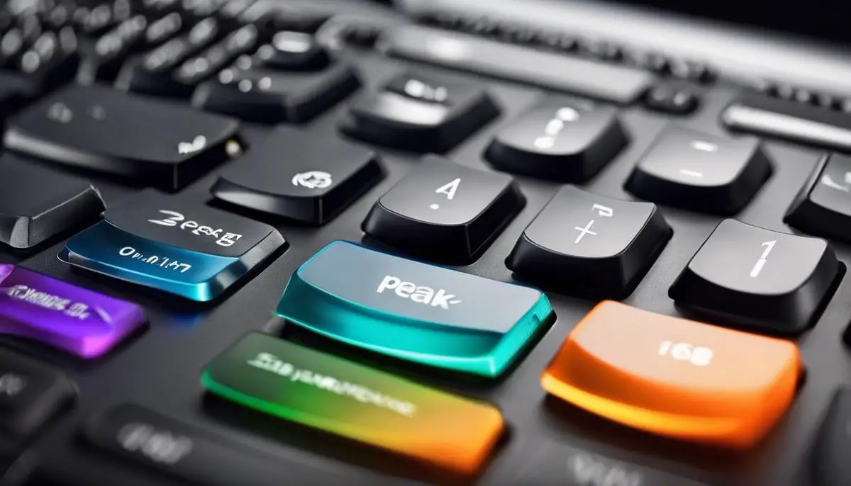 A close-up image of a laptop keyboard with keys in different colors, symbolizing the importance of optimizing keyboard settings for peak performance.