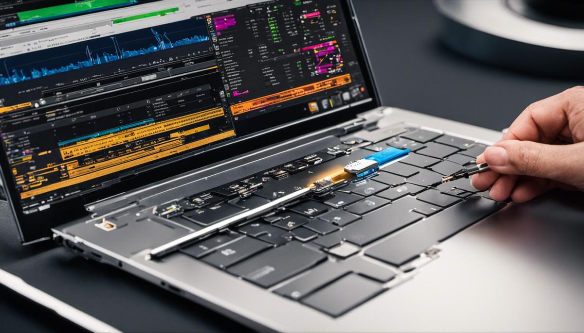 An image showing a laptop being upgraded with hardware components.